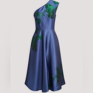 Kay Unger LEAI MIDI DRESS Blue Dress with Green Floral Design